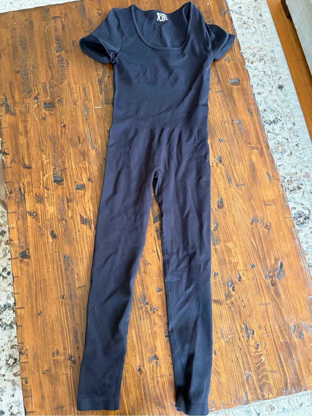 Black Ribbed Short Sleeve Workout Jumpsuit